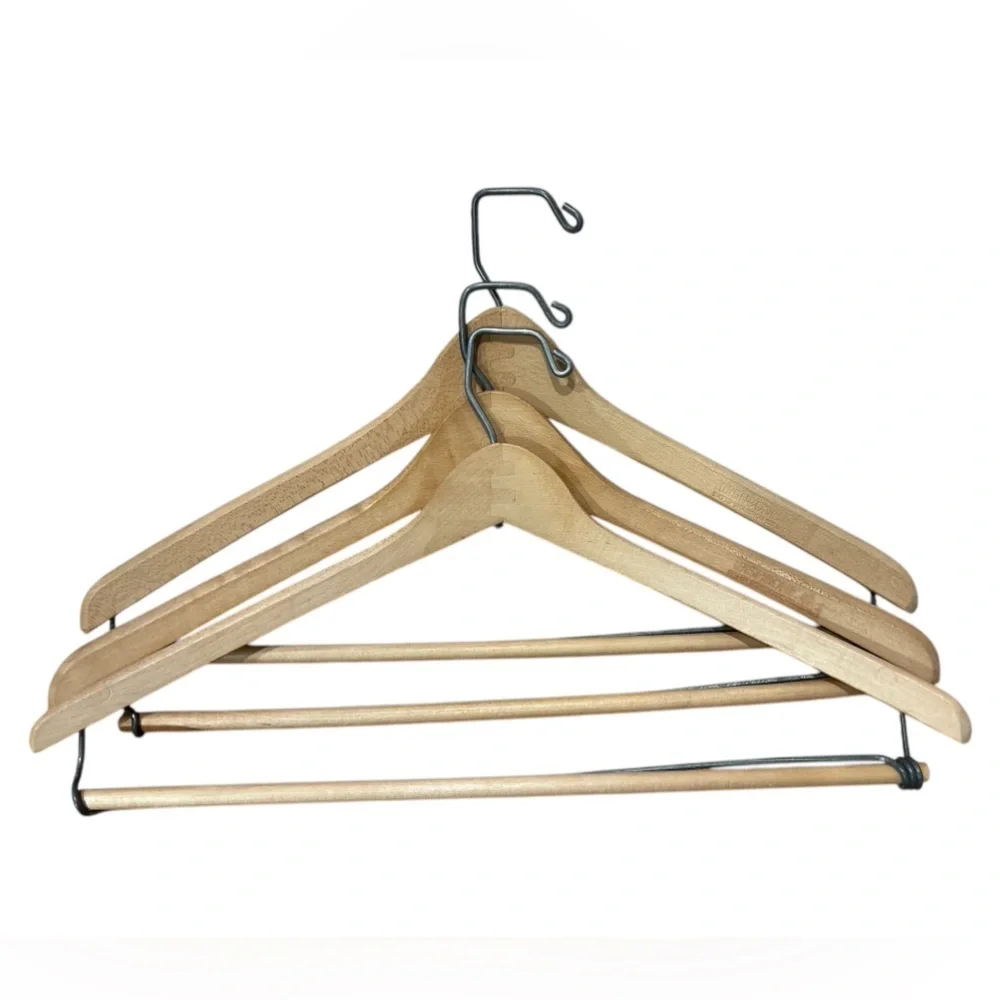 3 PC VINTAGE NATURAL WOODEN SUIT HANGERS W METAL HOOK & LOCKING TROUSER BAR